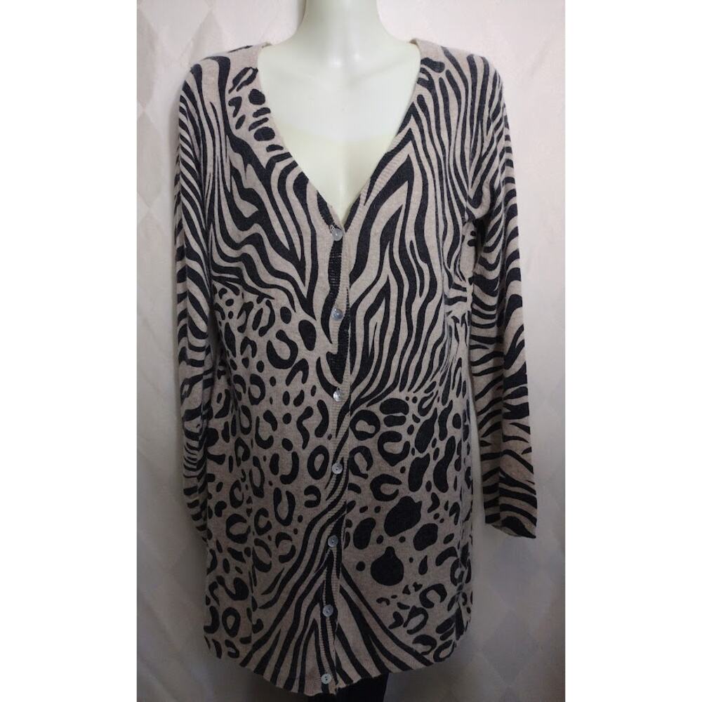 Sisters Button Up,‎ Long Multi Animal Print Cardigan, Beige & Black, Sz L/XL